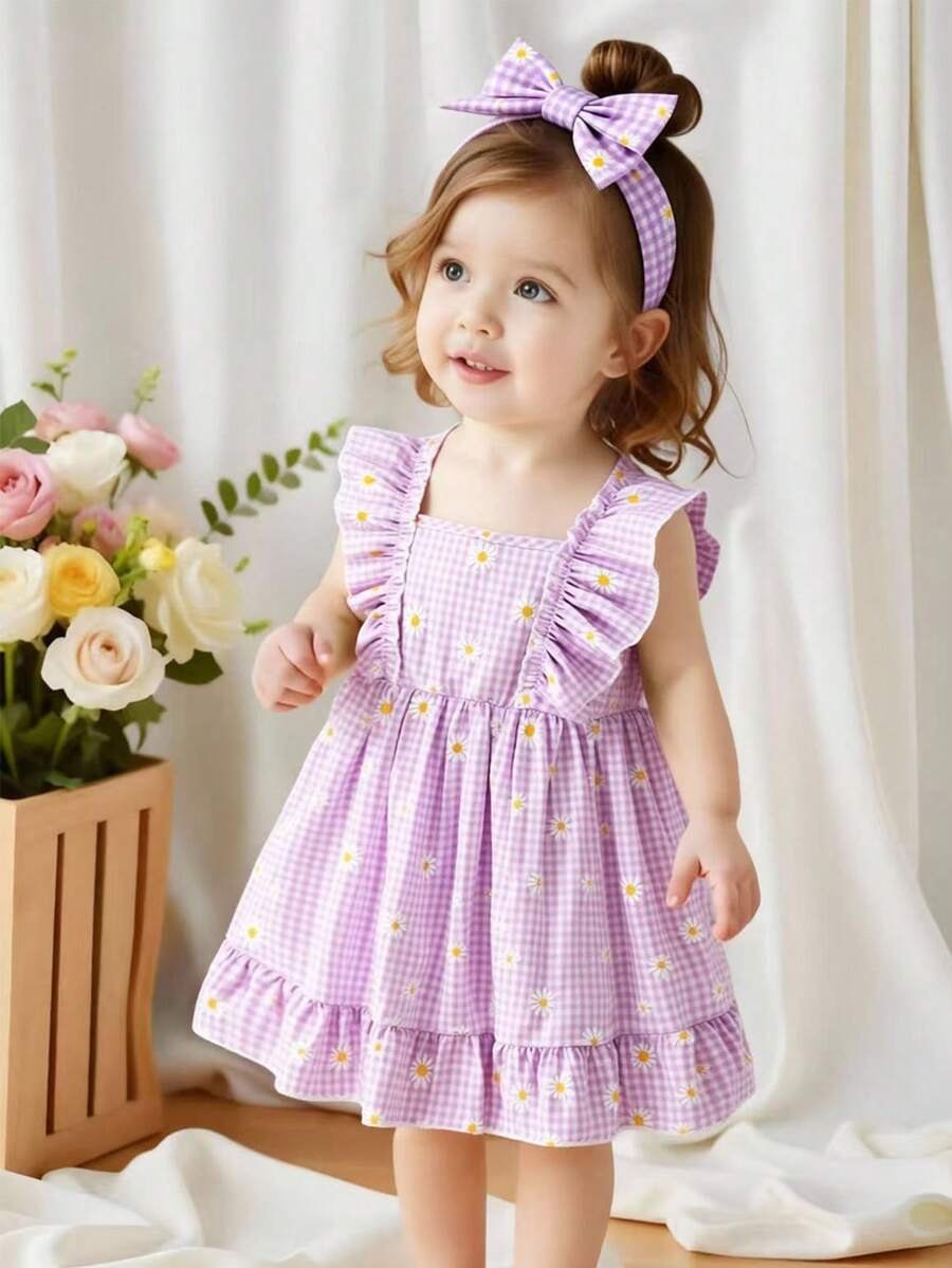 Vintaside Kids 女婴夏季格子雏菊印花荷叶边下摆无袖连衣裙，田园风格，适合户外度假休闲