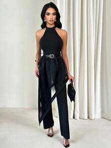 SHEIN LUNE 1 Bộ đồ nữ gồm áo dài cổ yếm thắt nơ, vạt áo bất đối xứng và quần dài ống đứng. - màu đen - Xem 5