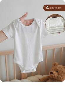 SHEIN 新生女婴5件套可爱白色短袖连体衣套装，非常适合春夏穿着。 - 白色 - 查看 7
