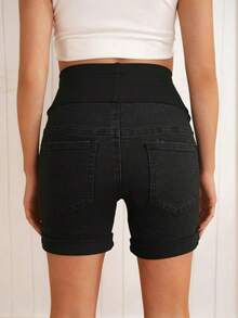SHEIN 时尚休闲口袋孕妇牛仔短裤，修身弹力孕妇装，春夏款 - 黑色 - 查看 2
