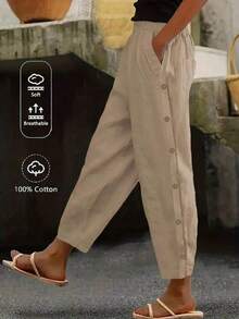 Linhara CURVE Plus Size Women's Solid Color Casual Daily Button Side With Pockets Straight Pants,Summer Pant Cotton-Linen Pant - Khaki - View 1