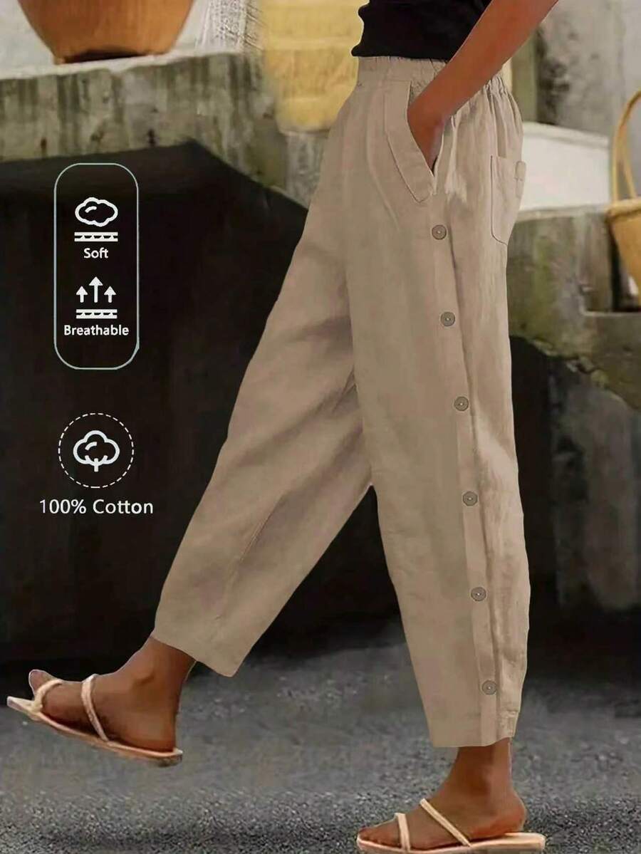 Linhara CURVE Plus Size Women's Solid Color Casual Daily Button Side With Pockets Straight Pants,Summer Pant Cotton-Linen Pant - Khaki - View 1