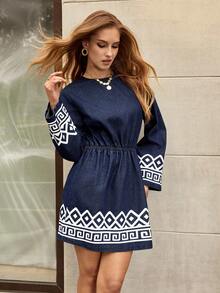 Selenza 女士几何印花圆领休闲长袖牛仔连衣裙 - 深色水洗藍 - 查看 1