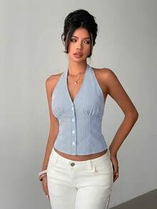 Aloruh Women Striped Stand Collar Single-Breasted Vest Thin Blazer In Summer/Spring Button- Latest Tops For Women New Arrivals,Summer Top - Blue and White - View 7