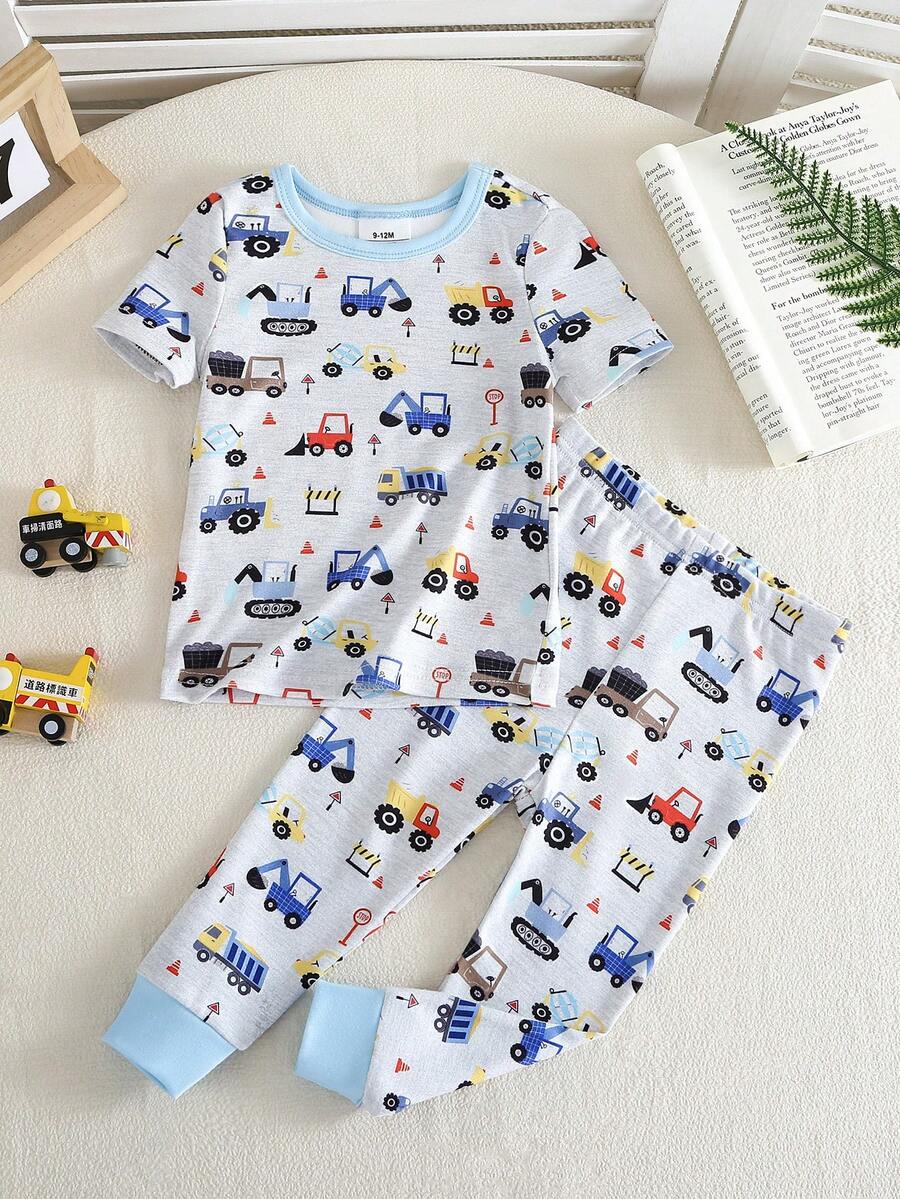 2-Piece Baby Boys Pajamas Set,White Cute Summer Night Loungewear,Construction Vehicle Print Short Sleeve Top&Long Pants,Soft Ribbed Knit Snug Fit Pjs - Light Grey - View 1