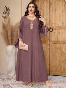 Al Najma Đầm maxi Thổ Nhĩ Kỳ thêu thanh lịch dành cho nữ cỡ lớn và áo abaya truyền thống Ả Rập. - Bụi hồng - Xem 6