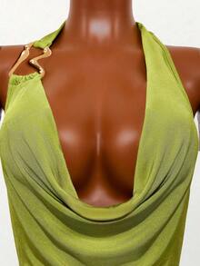 Mistrie Áo croptop màu vàng chanh và xanh lá cây với thiết kế cổ trễ vai, trang trí kim loại, quần lửng bó sát, chất liệu vải pha rayon bóng, bộ jumpsuit gợi cảm cho kỳ nghỉ, tiệc tùng, biểu diễn sân khấu. - màu xanh lá - Xem 5