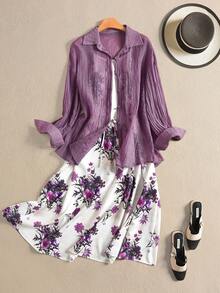 Rusticease 女士休闲印花连衣裙和薄纱衬衫两件套，夏季 - 紫色 - 查看 1