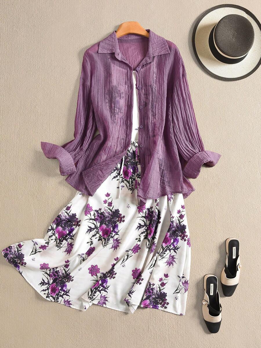 Rusticease 女士休闲印花连衣裙和薄纱衬衫两件套，夏季 - 紫色 - 查看 1