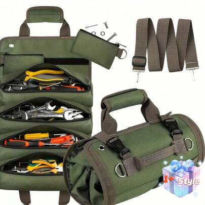 1 件 CRILANO 重型卷起工具包 - 防水牛津布收纳袋，适用于机械师、电工、木工等 - 耐用、便携且时尚的工业装备，带多个隔层，工具收纳袋