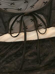 女士性感蝴蝶结网纱睡衣套装 - 黑色 - 查看 6