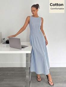 Siren Gaze 夏季新款腰部褶皱A字长裙，修身显瘦 - 藍色 - 查看 5