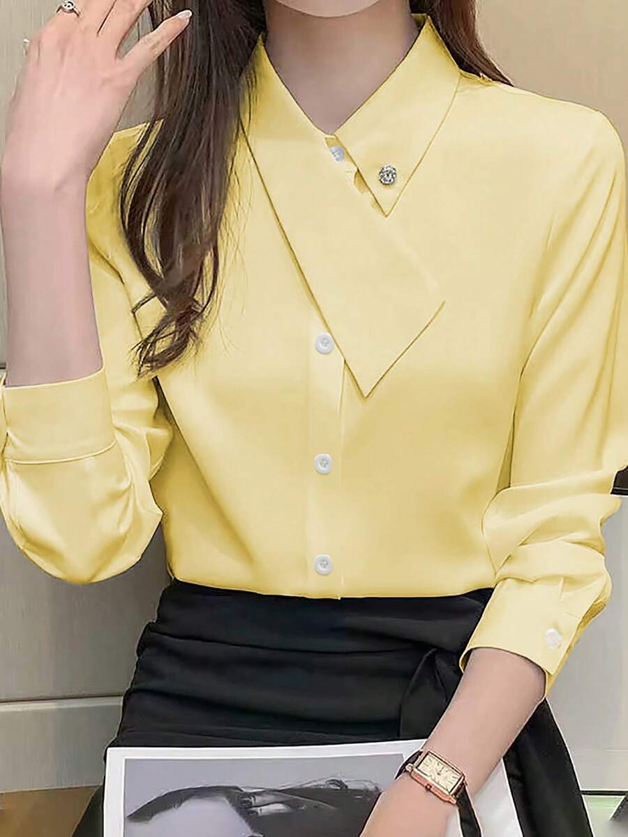 EMERY ROSE 不对称领百搭优雅通勤女式T恤 - 黃色 - 查看 1