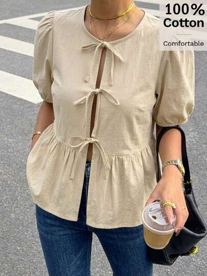 Siren Gaze Women's 100% Cotton Beige Round Neck Puff Sleeve Blouse With Tie & Ruffle Hem - Cute Summer V-Neck Regular Fit Top For Casual Everyday Wear, Commuter & Vacation Outfit, Cinched Waist Elegant Bohemian Style, Suitable For Spring, Summer,