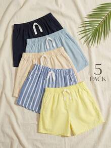 SHEIN Playful Pals 5件組男嬰童服套裝 小男孩休閒時尚條紋素色抽繩鬆緊腰短褲 柔軟舒適多件組 - 彩色 - 查看 9