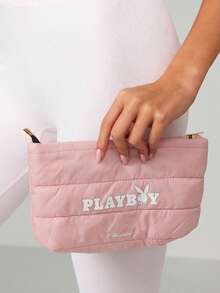 Missguided x Playboy Pink Quilted Logo Makeup Pouch Travel Cosmetic Organizer Bag With Zipper Closure - Pink - View 5