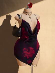 SHEIN ICON Plus Size Women's Black And Red Summer 70's Night Out Club Party Dress,Retro V-Neck Side Slit Diamond Chain Decoration Floral Print Slim Fit Elegant - Multicolor - View 4