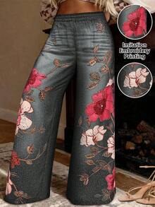 Maweii 大码女式法式优雅印花休闲裤 - 灰色 - 查看 1