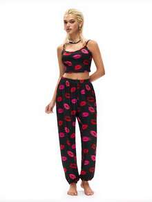 女士唇形图案印花睡衣套装 - 黑色 - 查看 1