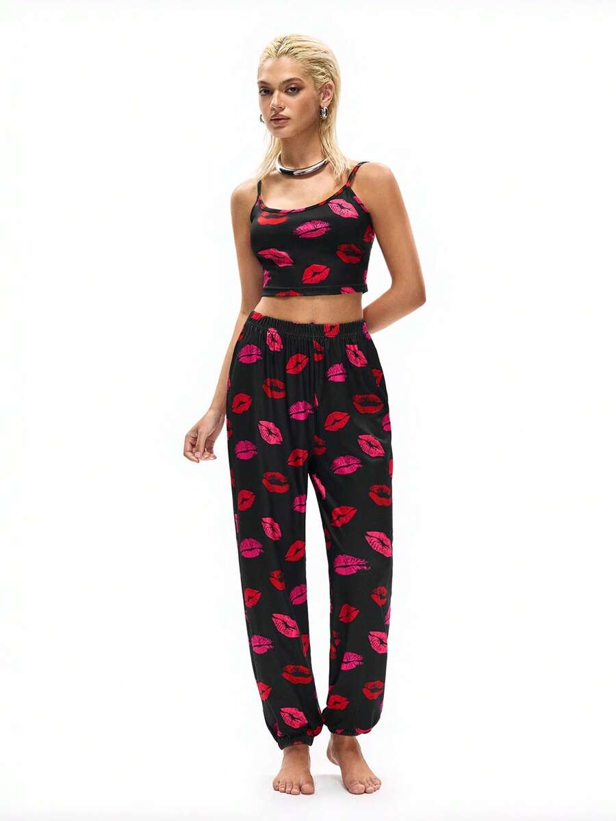 女士唇形图案印花睡衣套装 - 黑色 - 查看 1
