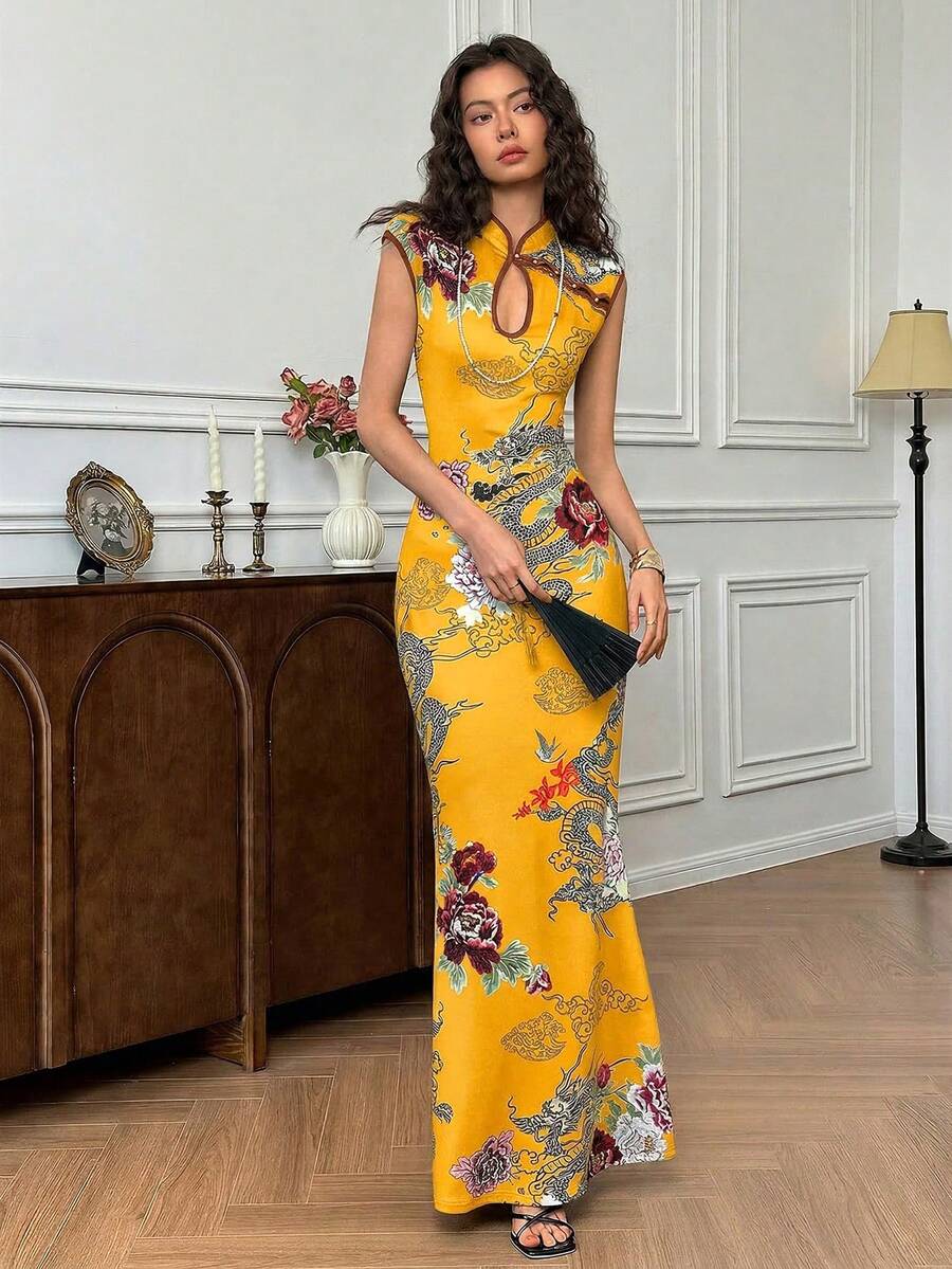 EastFlair Đầm nữ thanh lịch kiểu Trung Quốc in hoa và rồng, cổ tàu. - Màu vàng - Xem 1