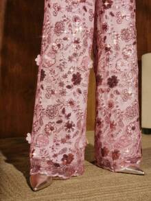 Anewsta 优雅粉色花卉网纱亮片直筒裤，时尚约会度假装 - 粉色 - 查看 5