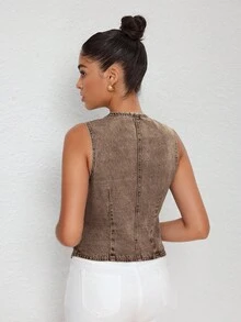 SHEIN Essnce Áo khoác denim nữ không tay, chất liệu denim mài, kiểu dáng thường ngày, có cúc phía trước, thích hợp cho mùa hè. - Cà phê nâu - Xem 2