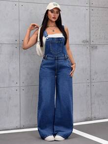SHEIN Tall Quần yếm denim dáng rộng, màu trơn, có túi xéo, thích hợp cho nữ. - Rửa tối - Xem 4