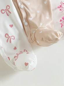 SHEIN 2件套新生儿杏色粉色蝴蝶结爱心卡通印花长袖连体衣和发带，柔软舒适睡衣 - 杏色 - 查看 6