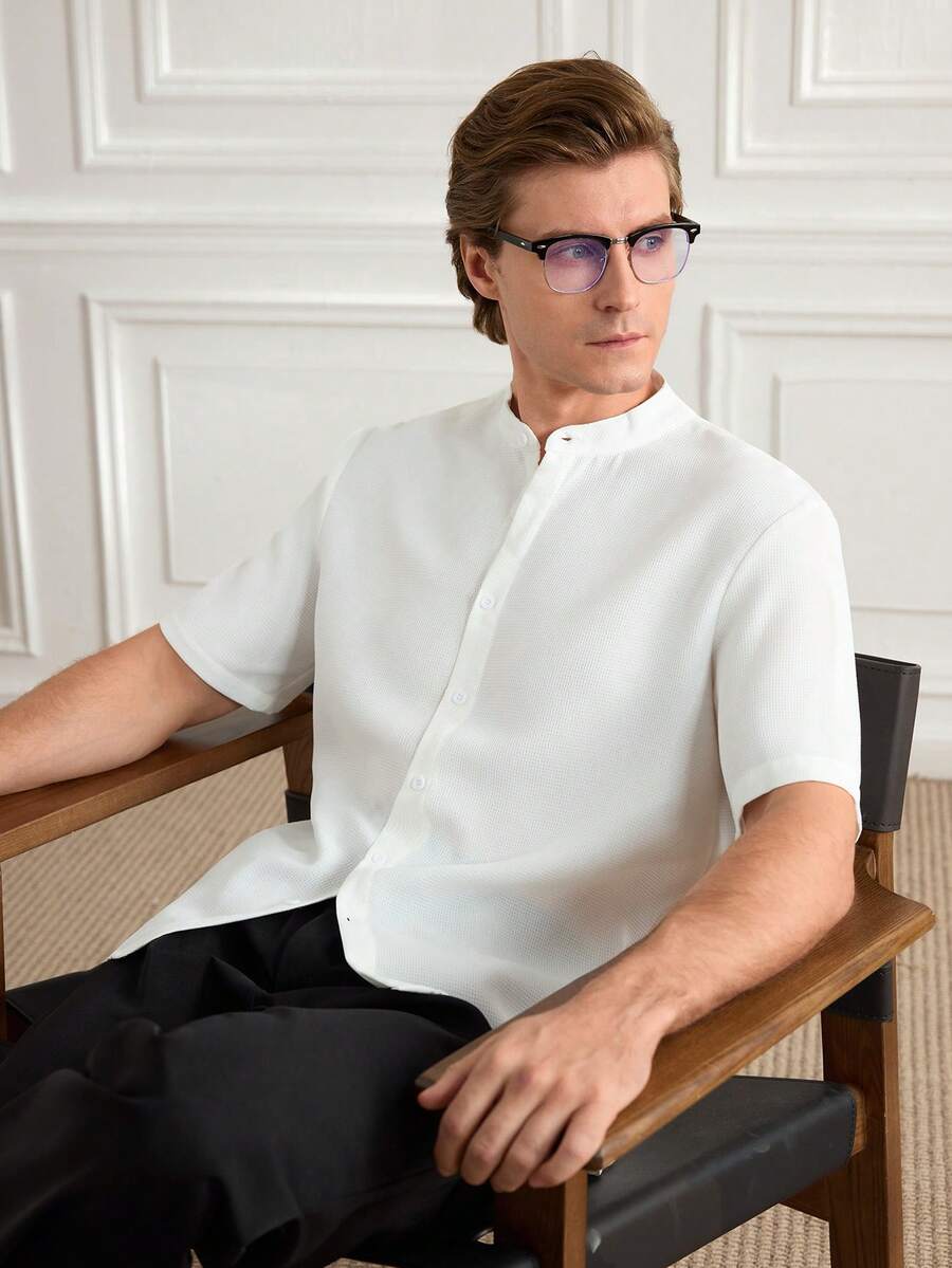 Officeau Camisa polo de manga corta con textura de gofre, estilo retro y vintage con botones tipo moneda para hombres - Blanco - Ver 1