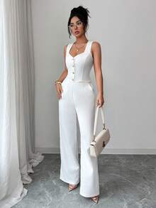 Selianne Women's Casual V-Neck Button Front Fitted Slim Thin Vest And Wide Leg Pants Suit - White - View 5