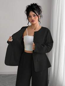 Elenzga 女款優雅黑色夏季馬林布褲裝套裝，圓領鈕扣西裝外套搭配鬆緊腰直筒長褲，適合晚餐正式晚宴、辦公通勤與度假 - 黑色 - 查看 6