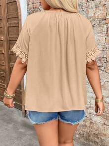 SHEIN Holidaya Plus Size V-Neck Lace Trim Raglan Sleeve Tie Collar Blouse - Khaki - View 2