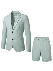 Manfinity Mode Men Stylish Light Green Suit Set With Shorts Casual Summer Blazer And Shorts, Men's Solid Color Long Sleeve Blazer And Shorts Suit Set, Classy Men Outfits/Pastel Green Suit, Formal - Green - View 5