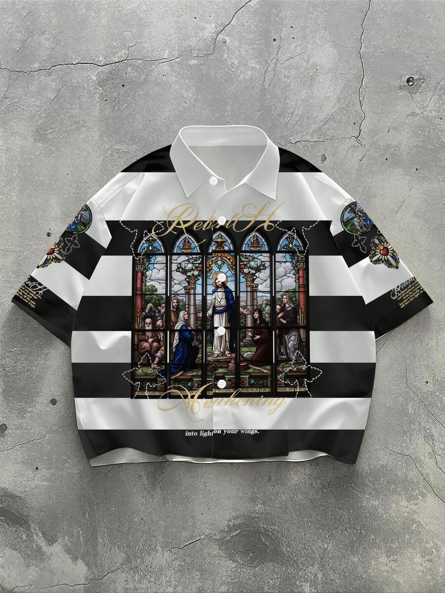 Manfinity EMRG 男士街头时尚印花短袖衬衫 - 彩色 - 查看 1