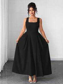 Elenzga Gaun Midi Wanita Ukuran Plus Warna Hitam Elegan Formal dengan Leher Persegi dan Tali Bahu Tipis, Model A-Line dengan Detail Kerut, Cocok untuk Makan Malam, Pernikahan, dan Pesta Musim Gugur. - Hitam - View 1