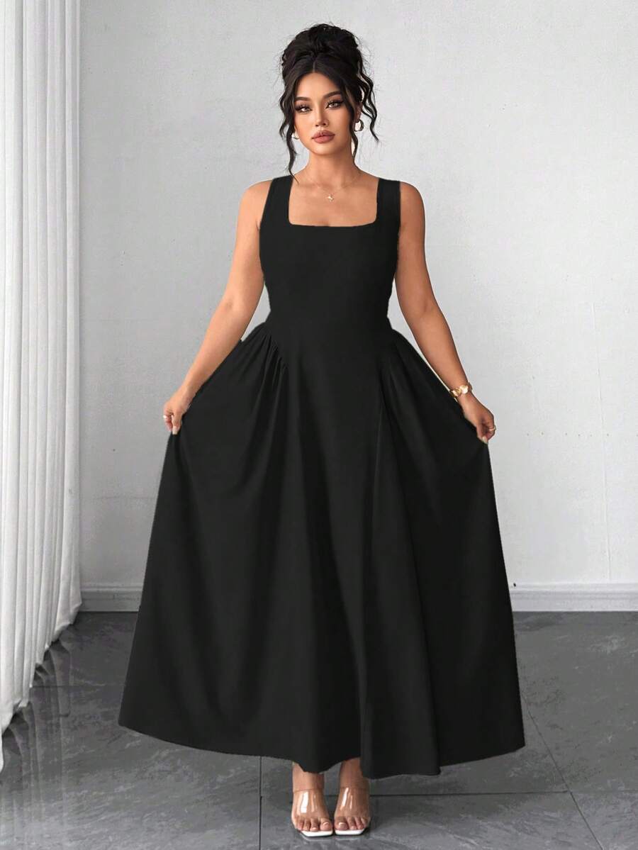 Elenzga Gaun Midi Wanita Ukuran Plus Warna Hitam Elegan Formal dengan Leher Persegi dan Tali Bahu Tipis, Model A-Line dengan Detail Kerut, Cocok untuk Makan Malam, Pernikahan, dan Pesta Musim Gugur. - Hitam - View 1
