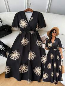 Breezaya 大码女装时尚优雅V领性感焦糖印花收腰A字连衣裙，适合日常外出/度假、与朋友聚会/下午茶、通勤、家庭聚会等场合。 - 彩色 - 查看 6