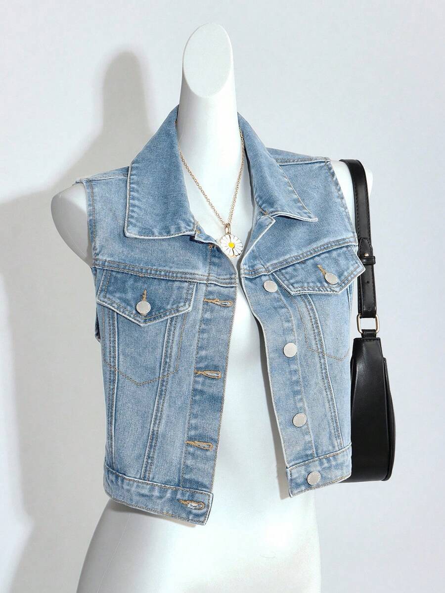 Teen Girls Y2K Summer Beach Boho Light Washed Baggy Denim Jacket Jeans Vest Without Sleeves,Girls Summer Concert Rave Festival Graduation Outfits - Light Wash - View 1