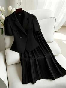 GlowEve CURVE Plus Size Women's Fashion Commuter Puff Sleeve Blazer + Plus Size Women's Fashion Commuter Pleated Skirt 2 Piece Set Two Piece Outfit Women - Black - View 11