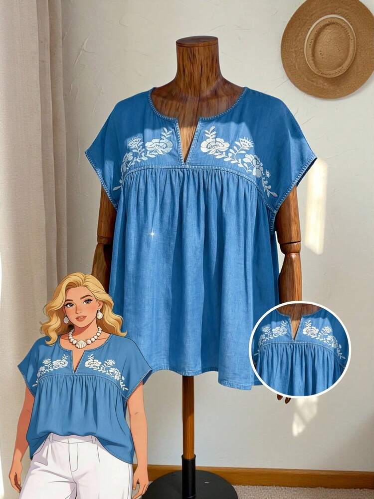 Plus Size Women's Vacation Plant Embroidery V-Neck Batwing Short Sleeve Casual Shirt Summer Tops Summer Outfits Summer Clothes  Spring  Spring Outfit Women Spring Clothes Country Style For Women Vacation Outfits Women  Seaside Retro Mannequin Window Display