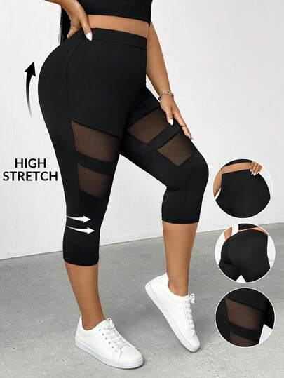 SHEIN Essnce Plus-Size Women's Spring/Summer Fashionable Casual High-Elasticity Comfortable Everyday Basic Versatile Slimming Black See-Through Leggings (7/8 Length),Women Bottom,Street Wear,Summer Outfits,Curve Pants