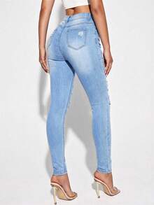 SHEIN ICON Casual Washed Distressed Slim Fit Denim Jeans - Blue - View 2
