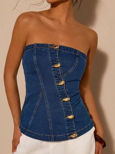 COSMINA Blusa de mezclilla con decoración asimétrica de metal elegante para mujer, versátil para ir al trabajo, oficina, exteriores, uso diario, principios de primavera