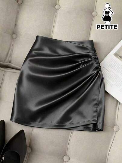 SHEIN PETITE Chân váy satin xếp ly eo không đều, chân váy mini ôm sát eo cao giúp thon gọn cho nữ, mùa xuân hè, chất liệu satin, chân váy ôm sát, chân váy đi nghỉ mát, phong cách Y2K, xuân hè, tựu trường, thường ngày, đi biển, công sở, đa năng, chân váy đen thường ngày cho người nhỏ nhắn