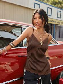 Muchica Áo hai dây bằng satin màu nâu sô cô la phối ren đen. - Màu nâu Sô-cô-la - Xem 4