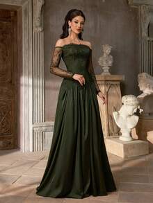 Aureia 优雅奢华的法式刺绣蕾丝缎面露肩连衣裙，波浪形腰线设计，A字裙摆，适合晚宴、商务正式场合和宾客着装。 - 墨綠色 - 查看 4