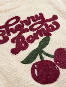 ROMWE Kawaii Cute & Innocent Collegiate Style Cherry Embroidered Round Neck Batwing Sleeve Women Sweater Vest - Apricot - View 4