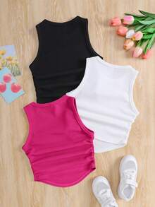 SHEIN Tween Girl Solid Color Knit Mock Neck Fitted Casual Cropped Tank Top 3 Pieces Set - Multicolor - View 2