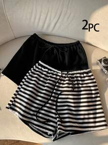 SHEIN EZwear Women's Tie Waist Loose Casual Shorts Set - Multicolor - View 8